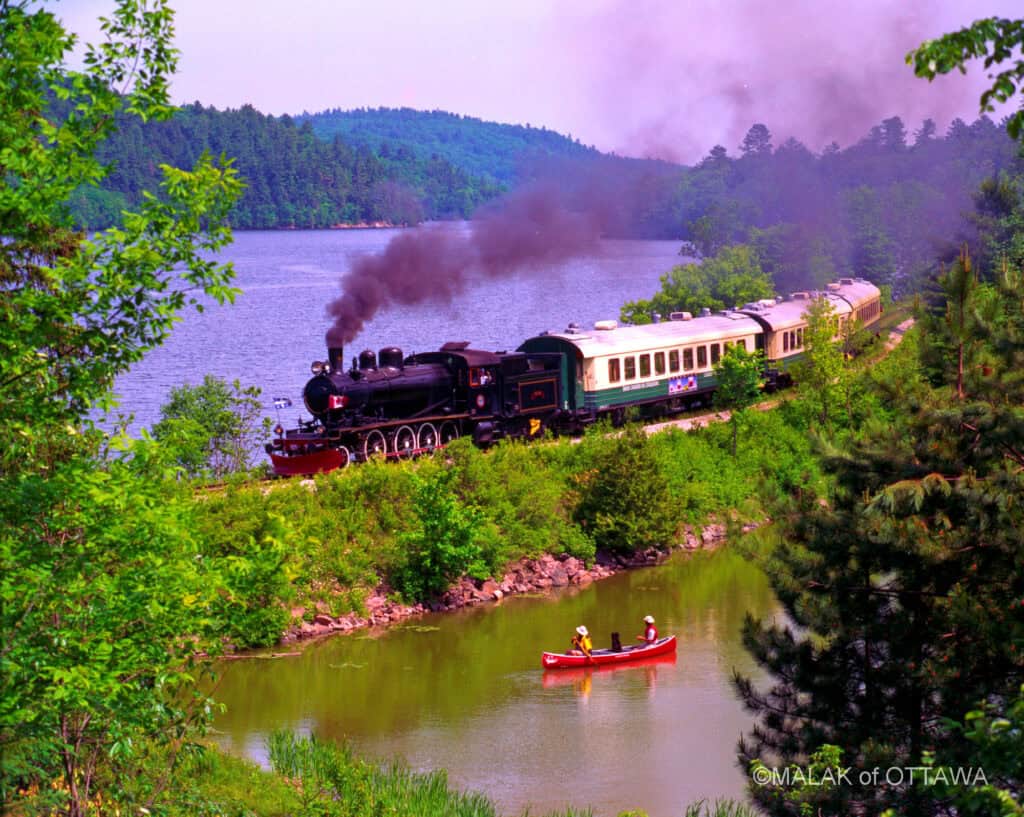 Steam train passing through lush green landscape near water.