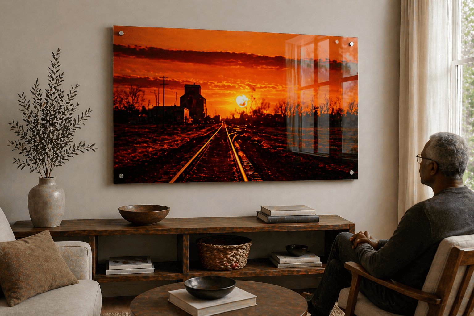 Sunset train tracks print, vibrant orange hues, perfect for home decor.