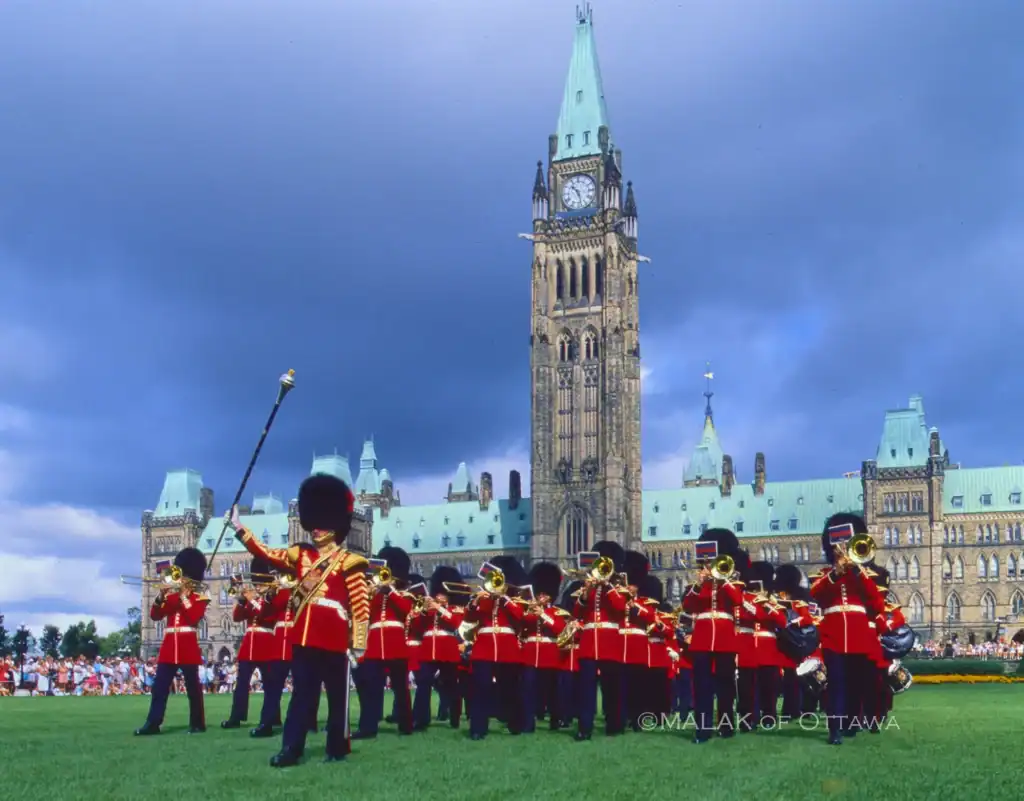Royal Canadian Mounted Police marching in front of Parliament Hill, Ottawa.