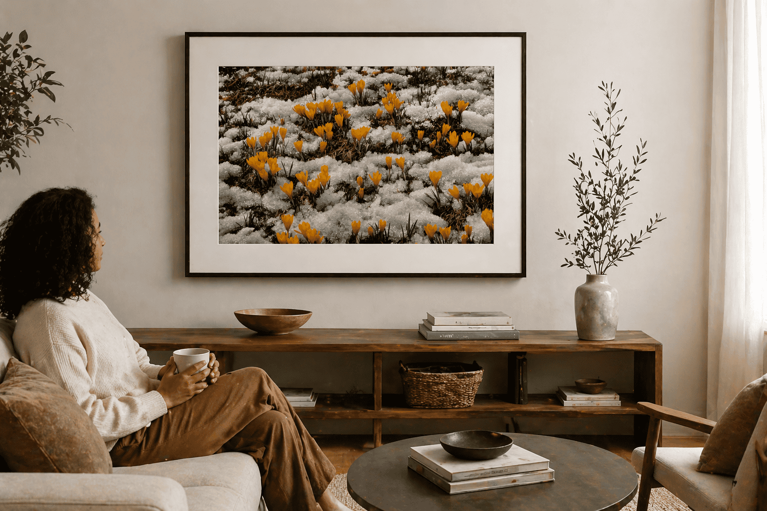Beautiful floral print artwork featuring vibrant yellow flowers against a monochrome background.