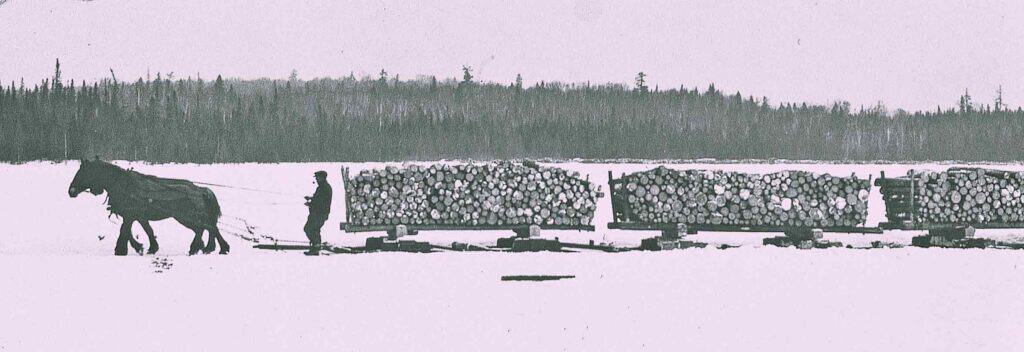 Horse-drawn logs in winter at Malak of Ottawa, showcasing historical logging methods.