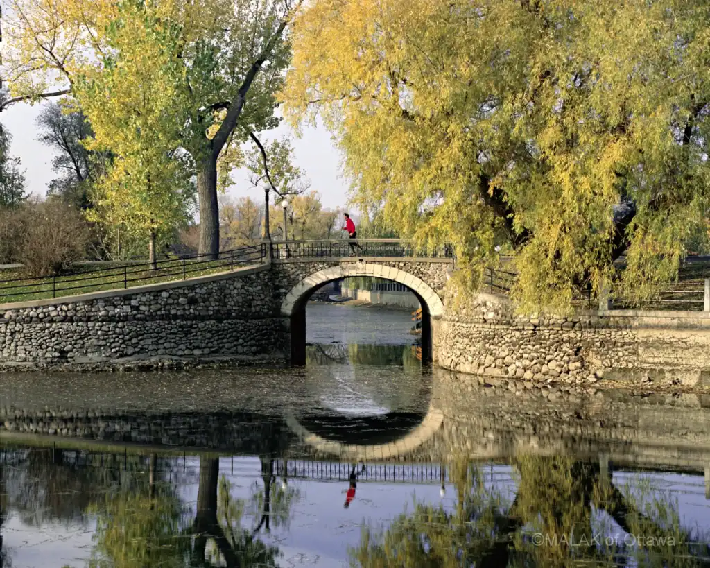 Bridge over river with fall foliage in Ottawa.