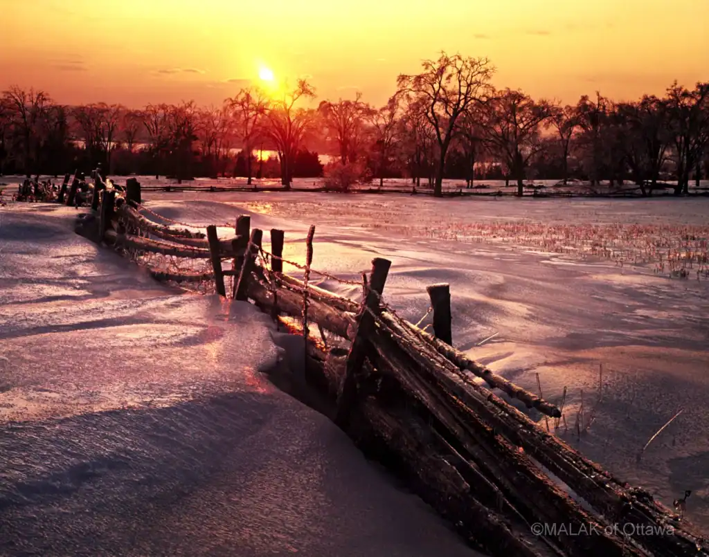 Winter sunset over snow-covered landscape with rustic wooden fence and leafless trees.