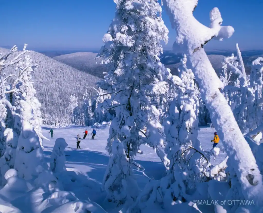 Snowy winter scene with skiers enjoying the slopes at Malak of Ottawa.