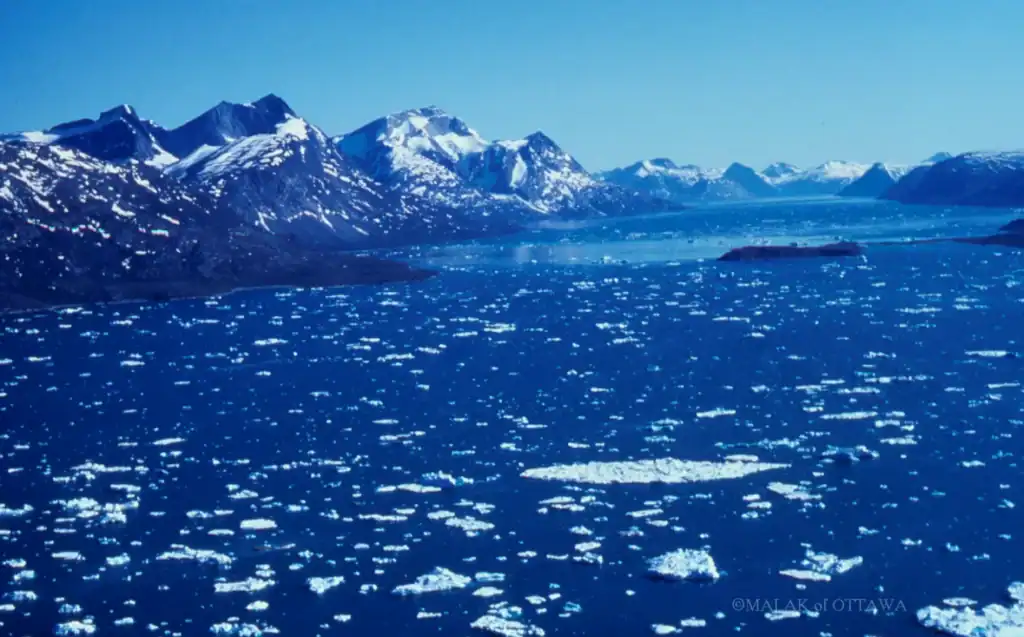 Stunning view of snow-capped mountains and icy waters in the Arctic region.